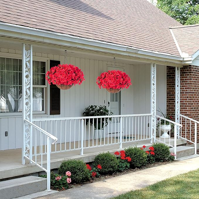 Artificial Fake Hanging Flowers for Outdoors with Basket Faux Plants Silk Bougainvillea Flower in Planter Look Real UV Resistant Faux Flower for Outside Porch Patio Garden Yard Home Decor, Red
