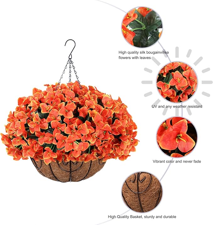 Artificial Hanging Flowers Basket for Outdoors Fall Plants Decoration, Fake Silk Bougainvillea Flowers in Planter Look Real UV Resistant Faux Flower for Outside Porch Patio Garden Yard Home Decor