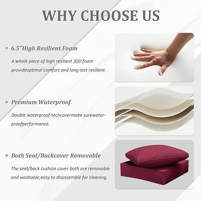 Outdoor Seat Cushion Set 24 x 24 x6.5 Inch Splash-Proof & Fade Resistant Patio Furniture Cushions with Removable Cover Deep Seat & Back Cushion with Straps for Chair Sofa Couch