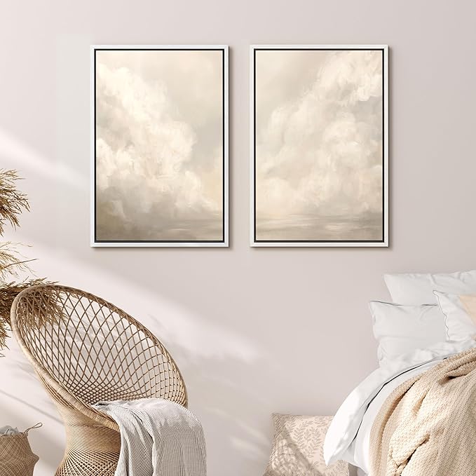 MUDECOR Framed Canvas Print Wall Art Neutral Cloudscape Soft Abstract Sky Illustrations Modern Art Decorative Bohemian Colorful Chic for Living Room, Bedroom, Office - 16"x24"x2 White