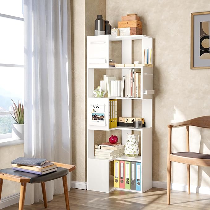 PPAMAPIC 5 Tier Corner Bookshelf, 63" Tall L Shaped Bookcase, Corner Cabinet, Wood Grain Shelf Display Rack for Kitchen, Bedroom, Living Room (White)
