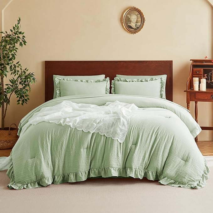 MR&HM King Comforter Set 7 Pieces, Soft Ruffled Bedding Set Light Green, Farmhouse Shabby Chic Bed in a Bag with 1 Comforter, 1 Flat Sheet, 1 Fitted Sheet, 2 Pillowcases & 2 Pillow Shams