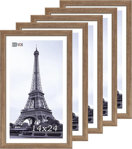 VCK 14x24 Frame Set of 5 - Brown Walnut, Natural Textured Solid Wood Picture Poster Frame, Wall Gallery Frame