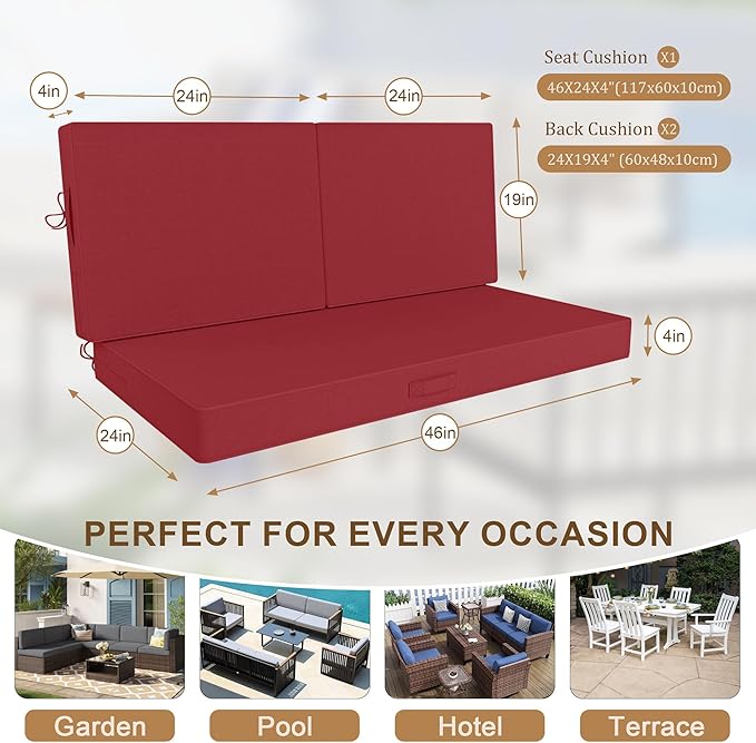 Outdoor Loveseat Cushion Set 46 x 26 Inch, Waterproof & Fade-Resistant Deep Seat Patio Cushions with Removable Cover, Ties & Hidden Zipper, Patio Love Seat Sofa Cushions for Sofa Bench Couch,Wine Red