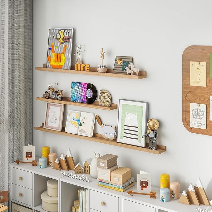 Solid Ash Wood Picture Ledge Shelf, 36 Inch Floating Shelves with Lip Set of 2, Photo Ledge Shelf Nursery Bookshelf Wall Mounted for Living Room Bedroom Decor, Natural