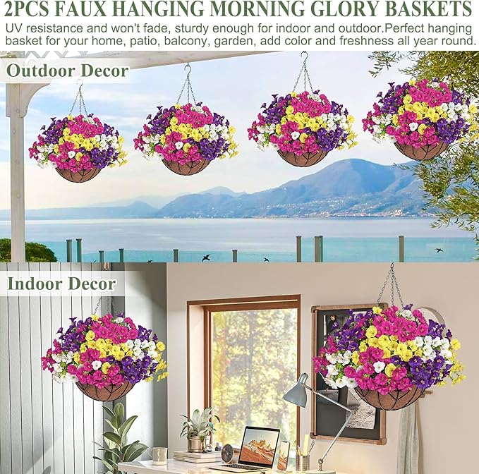 KHOYIME Artificial Hanging Flowers Plants Basket for Outdoors Indoor, 2 Set Faux Silk White Yellow Purple Fuchsia Morning Glory Fake Eucalyptus Planters UV Resistant Spring Summer Home Garden Decor
