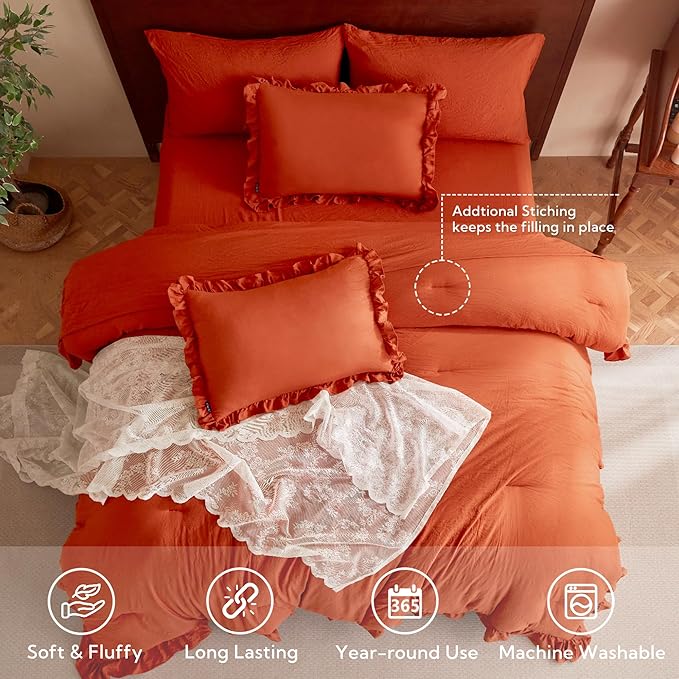MR&HM Ruffle Comforter Set, Queen Bedding Set 7 Pieces Terracotta, Farmhouse Shabby Chic Bed Set, Boho Bed in a Bag with 1 Comforter, 1 Flat Sheet, 1 Fitted Sheet, 2 Pillowcases & 2 Pillow Shams