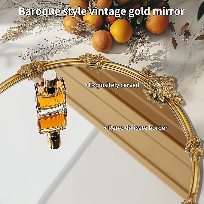 Gold Round Mirror - Baroque Style Ornate 24 Inch Mirror Suitable for Home Decoration, Bedroom, Living Room Wall Art, Retro Luxury Metal Frame Design