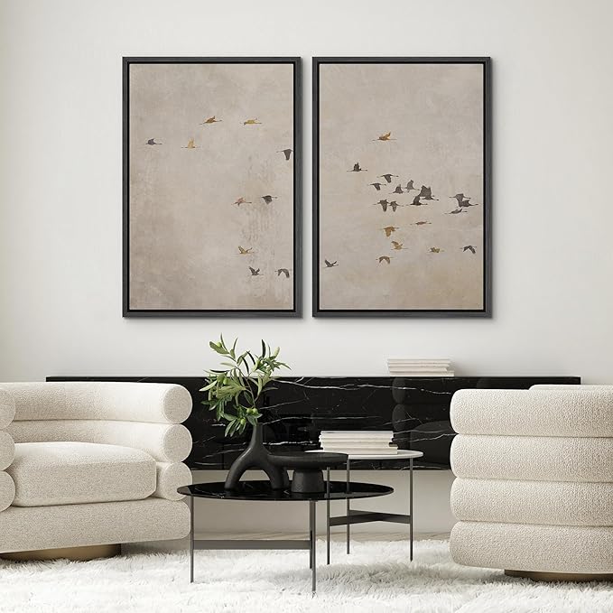 SIGNWIN Framed Canvas Print Wall Art Set Flying Birds Silhouette Minimalist Beige Illustrations Modern Minimal Decorative for Living Room, Bedroom, Office - 24"x36"x2 Black