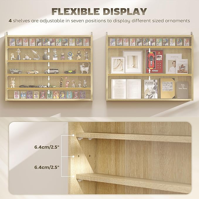 HOMCOM 5-Tier Display Cabinet, Glass Door Cabinet with Adjustable Shelves, Wall-Mounted Display Case for Playroom, Bedroom, Oak