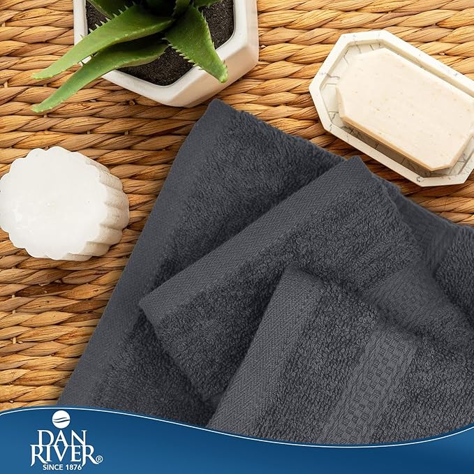 DAN RIVER 100% Ring Spun Cotton 3-Piece Towel Set, Charcoal, Bath Towel, Hand Towel and Washcloths, 550 GSM - Soft, Absorbent Quick Dry Cotton Towels for Bathroom, Spa, and Gym