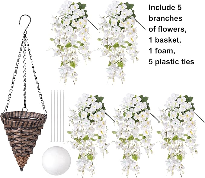 Ivydale Artificial Hanging Flowers Baskets Fake Plants for Outdoors Summer Decoration, Faux Hibiscus UV Resistance Realistic Silk Flowers for Outside Home Patio Porch Balcony Garden Wedding, White
