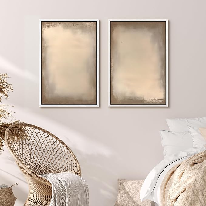 MUDECOR Framed Canvas Print Wall Art Neutral Minimalist Modern Abstract in Beige and Taupe Illustrations Modern Art Decorative Bohemian Colorful for Living Room, Bedroom, Office - 16"x24"x2 White