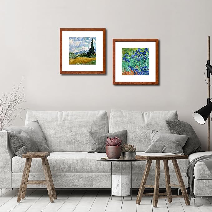 12x12 Picture Frame Set of 2 Made of Solid Wood Photo Frame with Real Glass for Pictures 8x8 with Mat or 12x12 without Mat, Wall Gallery or Tabletop display Frames, Brown
