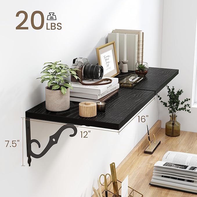 16 Inch Floating Shelves for Wall, 12 Inch Deep Floating Shelf with Bracket, Wall Shelves 16 Inches Long, Wide Display & Storage Shelves for Living Room, Bathroom, Bedroom, Black, Set of 2