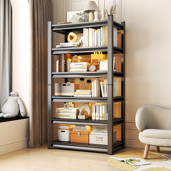 Tall Bookshelf with Open Shelves, Metal Office Book Shelf, Adjustable Organizer Bookcase, Standing Storage Organizer Shelf for Living Room (40" W*18" D*77.5" H)