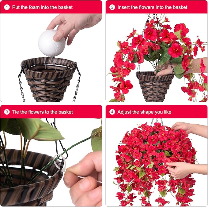 Ivydale Artificial Faux Hanging Flowers Plant Baskets for Outdoors Decoration, Fake Hibiscus UV Resistance Realistic Silk Flower for Outside Home Patio Porch Balcony Garden Wedding, Red