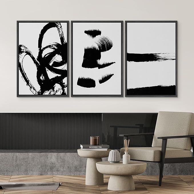 SIGNWIN Framed Wall Art Print Set Grunge Style Black & White Paint Strokes Abstract Shapes Illustrations Modern Art Bohemian Group Dramatic Grey for Living Room, Bedroom, Office - 24"x36"x3 Black