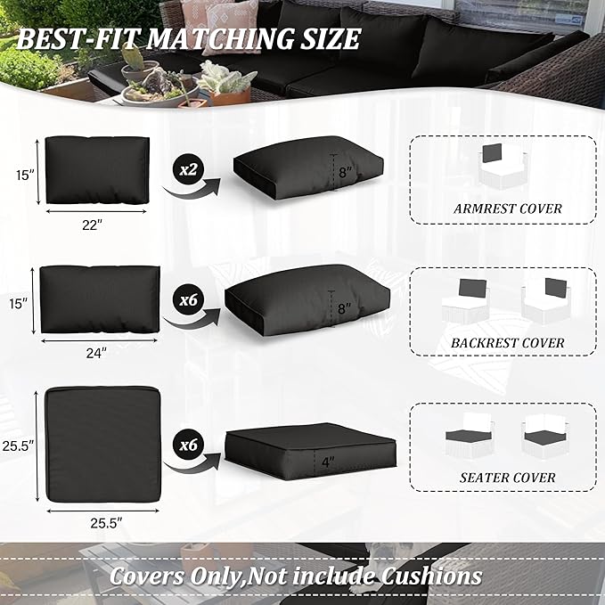 14 Pcs Outdoor Cushion Covers Patio Cushion Slipcovers Replacement Splash Proof with Zipper for Outdoor Furniture, Patio Sofa Couch 3 Sizes, Covers Only