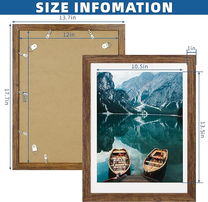12x16 Picture Frame Set of 2, Rustic Brown Wood Style - Display 12 x 16 Poster without Mat or 11x14 Picture with Mat, Wall Mounting Horizontal and Vertical