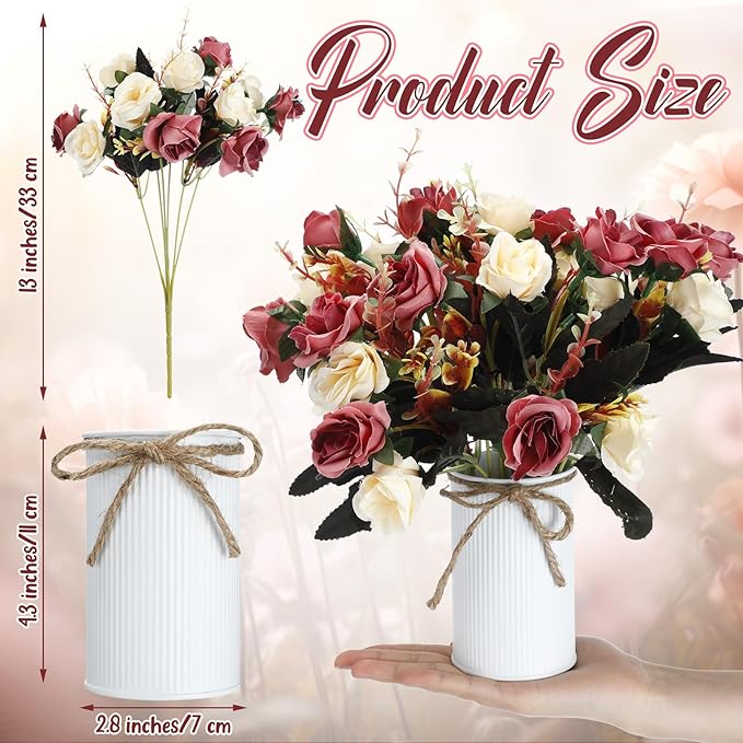 Domensi 3 Sets Wedding Centerpiece for Table Artificial Rose with Vase Fake Bouquets and Metal Pot Floral Arrangements for Holiday Party Event Table Decor (Brown)