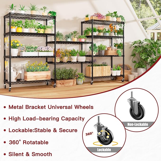 PrimeZone 4 Pack 5 Tier Wire Shelving Rack Storage Shelves with Wheels,Adjustable Rolling Heavy Duty Metal Shelving Unit,Utility Shelf for Kitchen Garage Closet Pantry 36" W x 14" D x 74" H