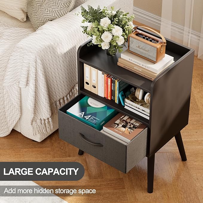NightStand with Open Shelf,Night Stand with Drawer Storage Side Table End Tables,Bedside Table with Solid Wood Feet,Mid Century Night Stands for Bedroom Sofa Couch Small Spaces (Black)