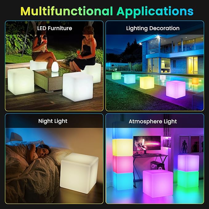 LOFTEK 20-inch LED Lighted Cube Table, Large Cube Chair Light, 16 RGB Colors Glowing Cube Seat w/Remote Cordless, Rechargeable, Waterproof, Home Outdoor Patio Pool Bar Stage Party Lighting Decoration
