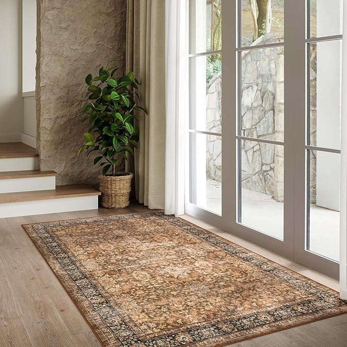 Morebes Washable Living Room Rug 5x7, Vintage Room Rugs for Bedroom Non-Slip, Soft Low-Pile Non-Shedding Dark Brown Rug Indoor Floral Print Throw Carpet for Bedside Farmhouse Dining Room