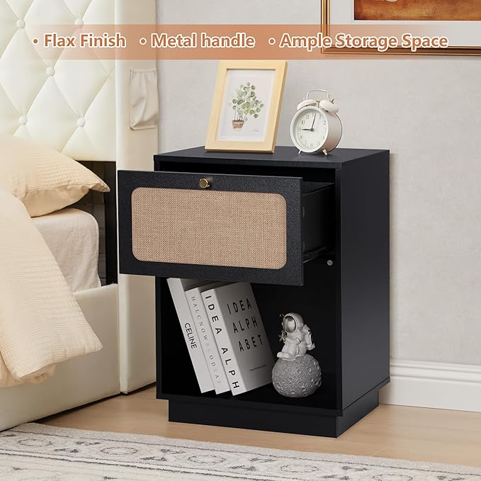 AVZEAR Mid Century Night Stand Set of 2, Modern Nightstand with Drawer & Curved Linen Panel, Farmhouse End Table Wood Bedside Table Small Sides Tables for Small Space, Bedroom(Black)