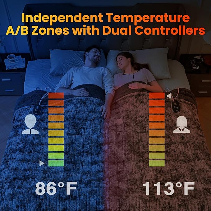 WOOMER Heated Blanket King Size, Dual Control, Electric Blanket 90"x 100", Double-Sided Faux Fur&Sherpa, Overheat Protection, 10 Heating Levels & 12H Auto Off, CPF, Home Office