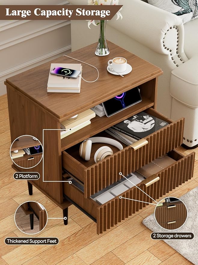 Modern Nightstand with Charging Station, 2 Drawers Fluted Wood Bedside Table with USB, Type-C & Outlets, Metal Legs, Storage Dresser for Bedroom or Living Room (Walnut, 23.3)