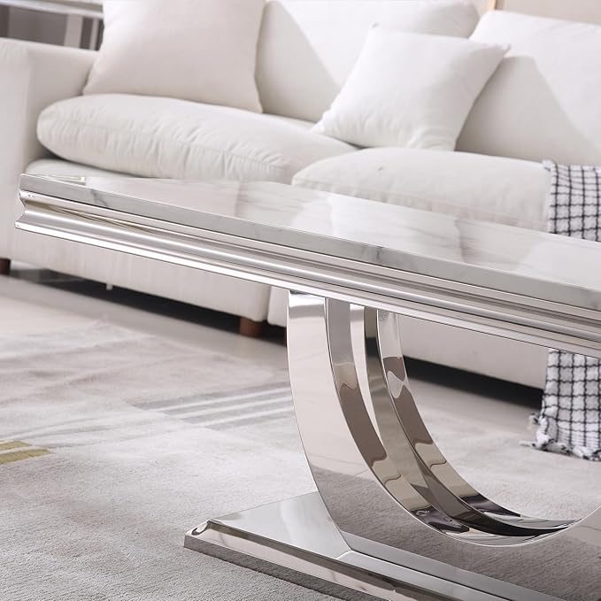 SSLine Rectangular Faux Marble Coffee Table for Living Room Modern Luxury White Marble Center Table with Silver Dual U-Shape Base 46.8" Mid-Century Cocktail Table with Mirrored Stainless Steel Frame