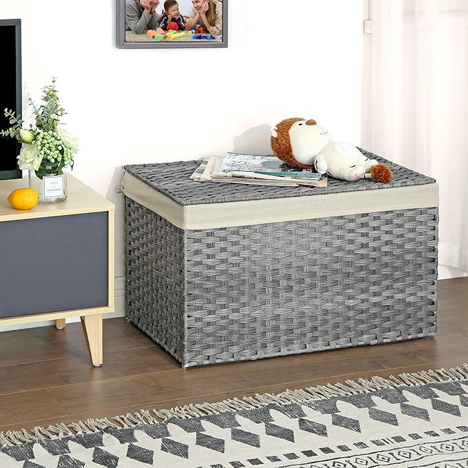 SONGMICS Storage Basket with Lid, 42.3 Gallon (160L) Storage Bin, Woven Blanket Storage Basket with Handles, Foldable, Removable Liner, Metal Frame, for Bedroom, Laundry Room, Gray URST76WG
