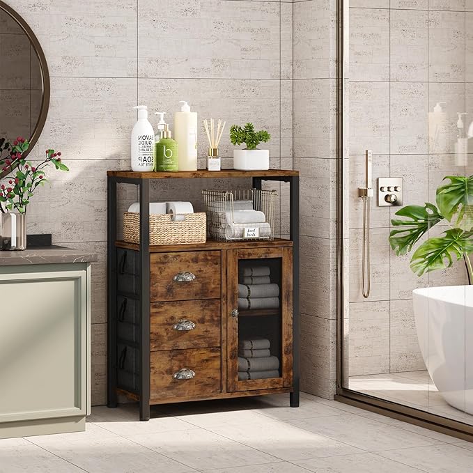 Homeiju Bathroom Floor Storage Cabinet Organizer with 3 Removable Drawers and 1 Door, Industrial Floor Storage Cabinet for Kitchen, Living Room, Bathroom, Home Office