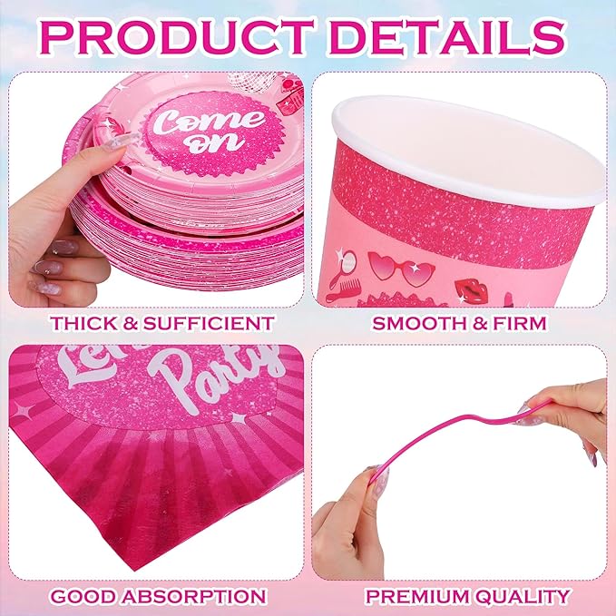 400 Pieces Let's Go Girls Party Tableware Sets Including Disposable Paper Plates Cups Napkins Cutlery Serves 50 for Birthday Disco Pink Cowgirl Bachelorette Party Decorations