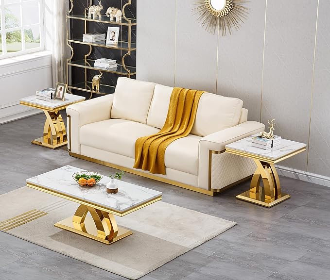 SSLine Modern White Faux Marble End Table Luxury Square Sofa Side Table with Gold Pedestal Base Mid-Century Elegant Bedside Table w/Mirrored Stainless Steel Frame for Living Room Bedroom