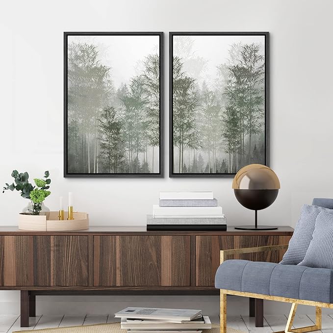 MUDECOR Framed Canvas Print Wall Art Pastel Watercolor Misty Fog Forest Tree Wilderness Nature Illustrations Modern Art Decorative Calm/Relax Multicolor Rustic Minimal for Bedroom - 16"x24"x2 Black