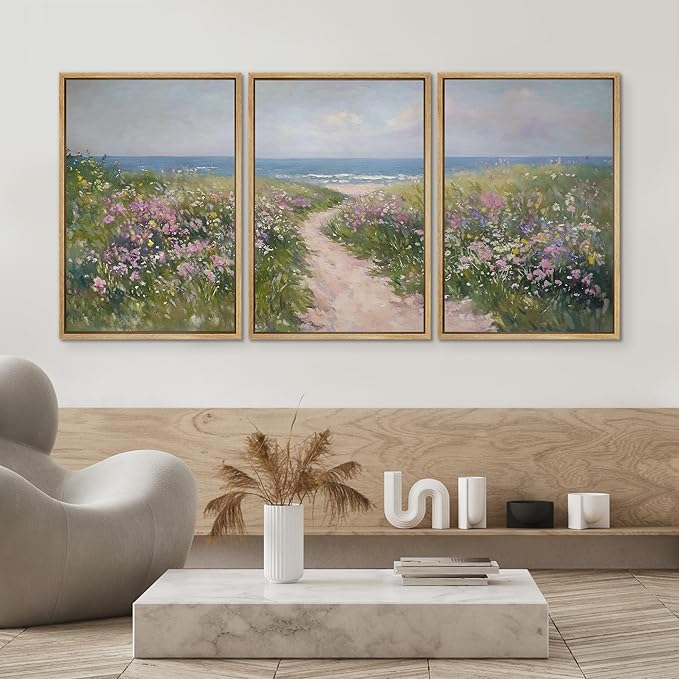 SIGNWIN Framed Canvas Print Wall Art Set Path to The Sea Coastal Floral Landscape Illustrations Modern Art Decorative Rustic Calm/Zen for Living Room, Bedroom, Office - 24"x36"x3 Natural