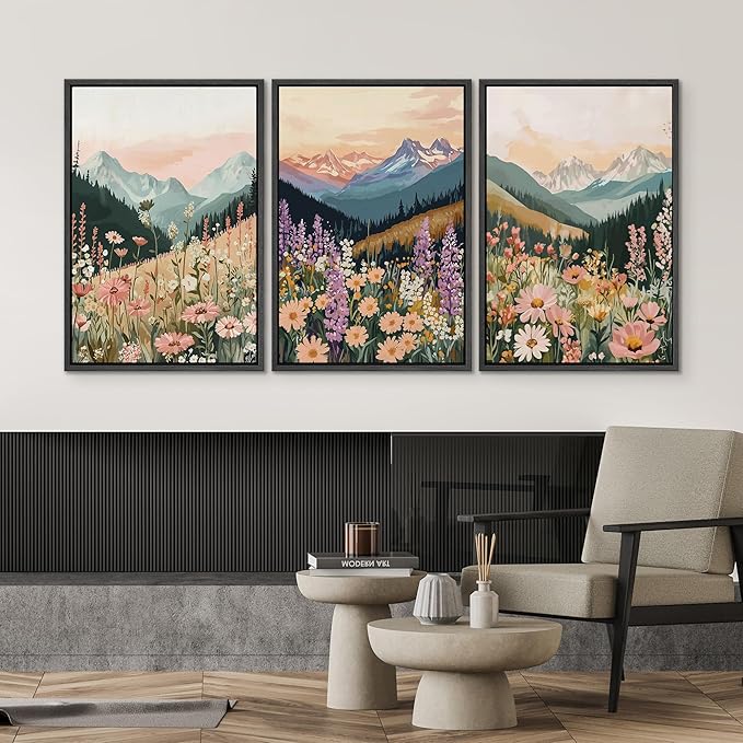 SIGNWIN Framed Canvas Print Wall Art Set Wildflower Meadow with Mountain Sunset Colorful Nature Landscape Illustrations Modern Art Decorative Zen for Living Room, Bedroom, Office - 24"x36"x3 Black