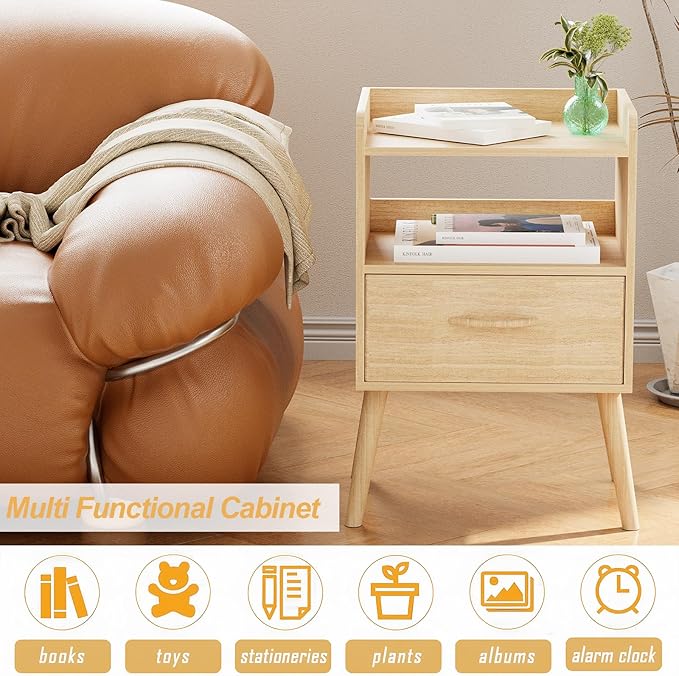 NightStand with Open Shelf,Night Stand with Drawer Storage Side Tables End Table,Bedside Table with Solid Wood Feet,Mid Century Night Stands for Bedroom Sofa Couch Small Spaces (Natural)