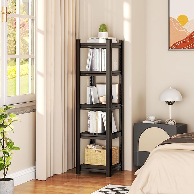 Tall Bookshelf with Open Shelves, Metal Office Book Shelf, Adjustable Organizer Bookcase, Standing Storage Organizer Shelf for Living Room (16" W*16" D*63" H)