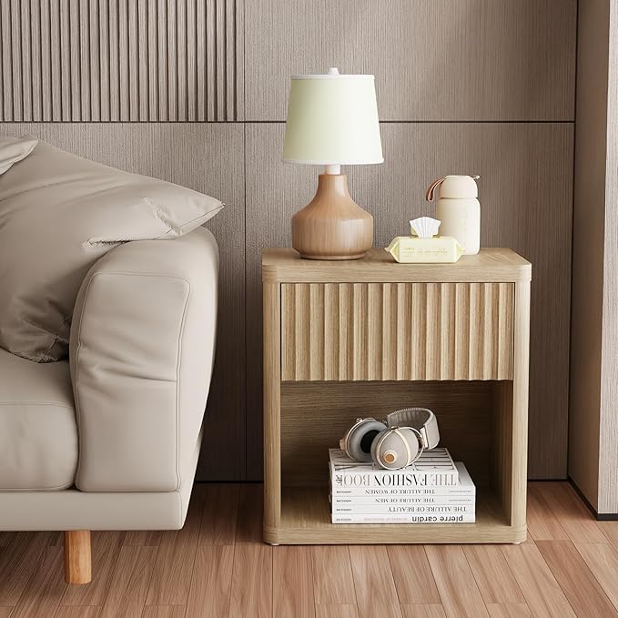 Large Modern Nightstand with Drawer Storage 22.8Inch Wide Fluted Bedside Table End Table for Bedroom, Living Room, Sofa, Couch, Home Office，Mid Century Bed Stands(1Pieces)