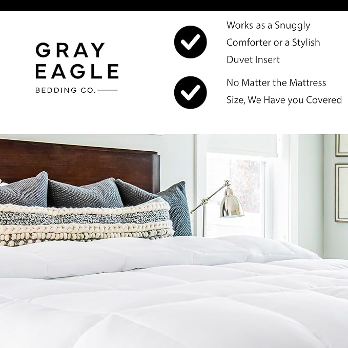 Gray Eagle Oversized King Comforter – Extra Large Synthetic Down Alternative Comforter – Ultra Soft Microfiber, All-Season, Lightweight & Fluffy – Hotel Quality, Machine Washable, White (120' x 98")