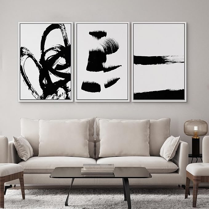 SIGNWIN Framed Wall Art Print Set Grunge Style Black & White Paint Strokes Abstract Shapes Illustrations Modern Art Bohemian Group Dramatic Grey for Living Room, Bedroom, Office - 24"x36"x3 White