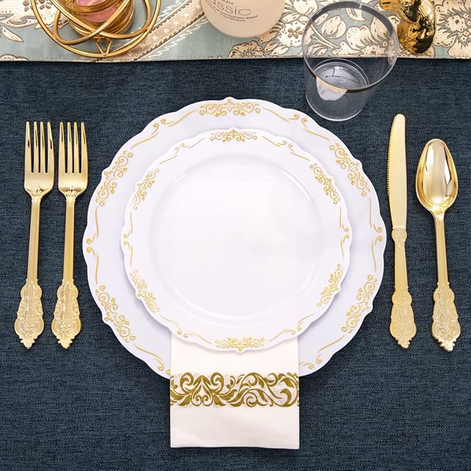 supernal 800pcs Gold Plastic Dinnerware Set,100pcs 10.25" Dinner Plates,100pcs 7.5" Dessert Plates,400 Gold Plastic Silverware,100 Cups,100 Napkins,100 Guest Tableware set