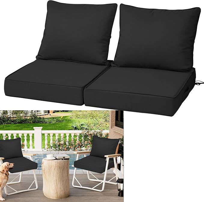 Outdoor Deep Seat Cushions for Patio Furniture Set of 2, Waterproof Outdoor Chair Cushions 22 x 22 x 4'' Patio Furniture Cushion with Fade Resistant Removable Cover, Handle & Straps, Black