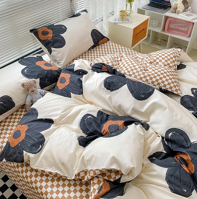 Luxlovery Black Floral Comforter Set Twin Botanical Sunflower Bedding Comforter Set Women Girls Cute Chic Sunflower Blanket Teen Girls Kids Quilts 3 Piece Bedding Set for Twin Bed
