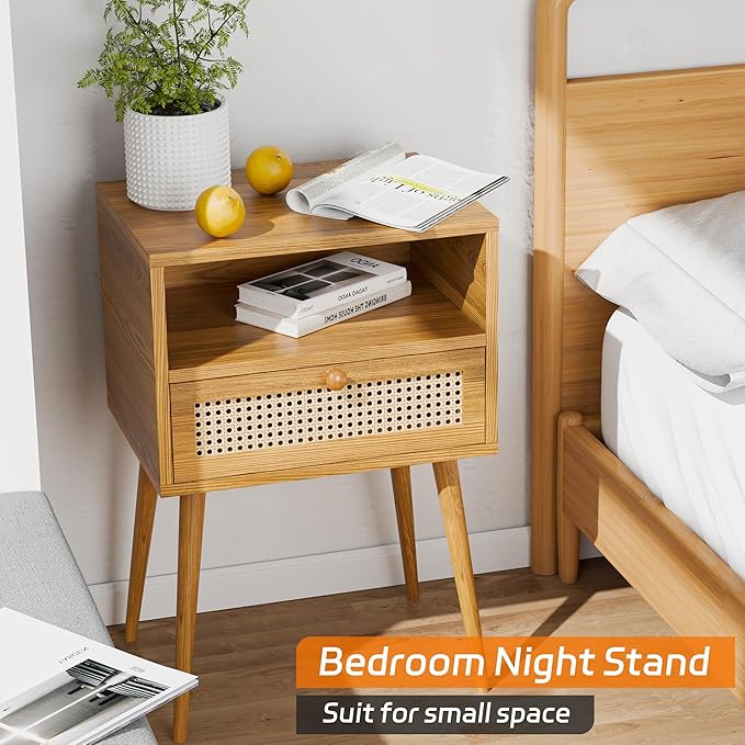 Nightstand Bedside Table Small Nightstand with Drawers Rattan Side Table End Tables Bedroom Wood Mid Century Modern Nightstands