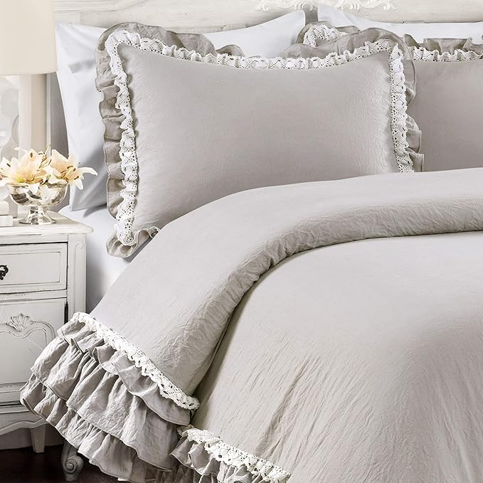 Lush Decor Ella Ruffle Lace Comforter, 3 Piece Set, King, Light Gray - Cute Comforter - King Bedding Set - Gray Bedding - Coquette Decor - Ruffle Trim - Lace Trim